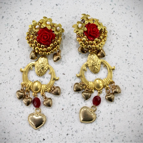 NEW ONE OF A KIND Gold Drop Earrings with Rose Detail W/ Post - Picture 1 of 4